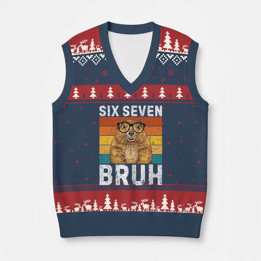 67 Groundhog Meme V-Neck Knit Sweater Vest Funny Six Seven Bruh Groundhog Day TS14 Navy Red Print Your Wear