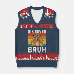 67 Groundhog Meme V-Neck Knit Sweater Vest Funny Six Seven Bruh Groundhog Day TS14 Navy Red Print Your Wear