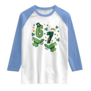 67 St Patricks Day Raglan Shirt Funny Six Seven Hands Meme TS14 White Carolina Blue Print Your Wear