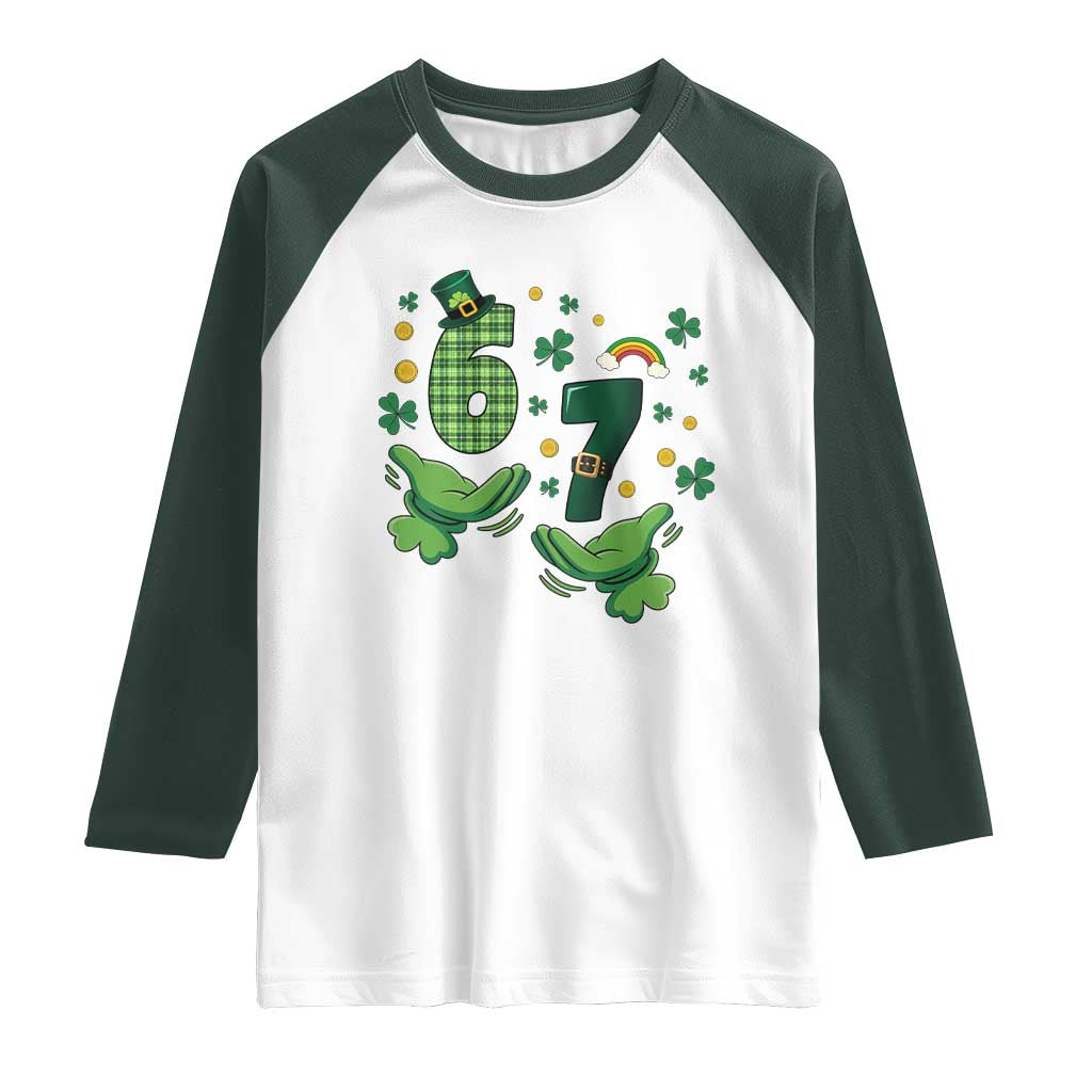 67 St Patricks Day Raglan Shirt Funny Six Seven Hands Meme TS14 White Dark Forest Green Print Your Wear