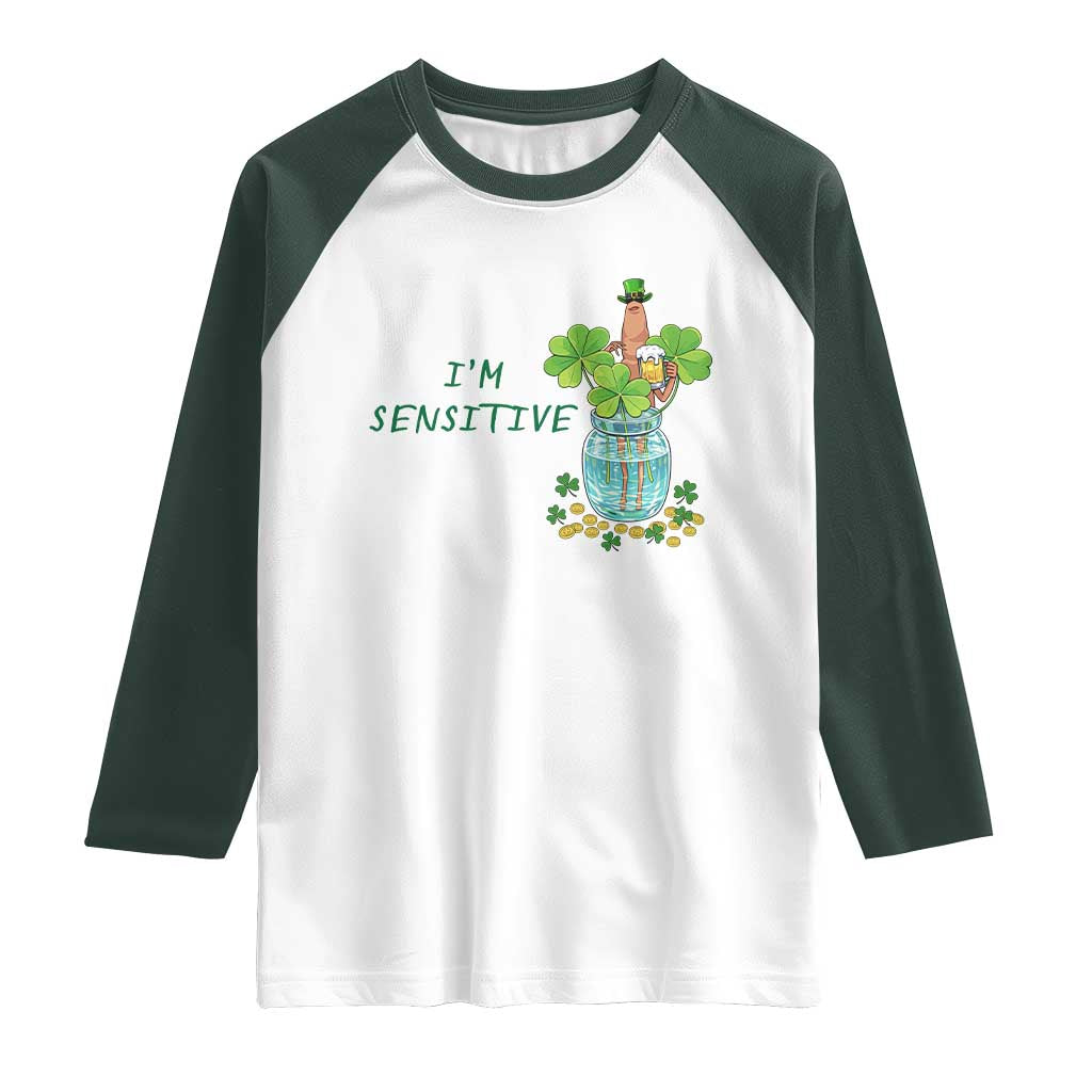 Marcus The Worm St Patricks Day Raglan Shirt I'm Sensitive TS14 White Dark Forest Green Print Your Wear