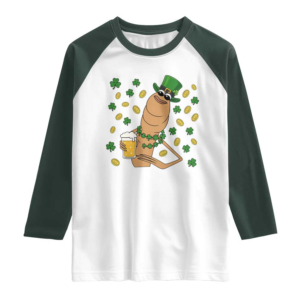 Marcus The Worm St Patricks Day Raglan Shirt Funny Drinking Irish Beer Ireland TS14 White Dark Forest Green Print Your Wear
