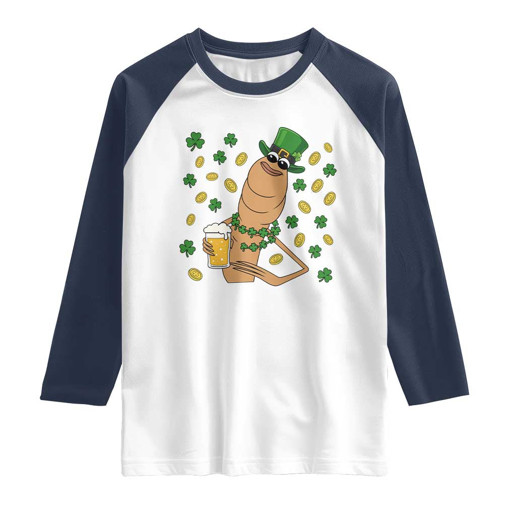 Marcus The Worm St Patricks Day Raglan Shirt Funny Drinking Irish Beer Ireland TS14 White Navy Print Your Wear