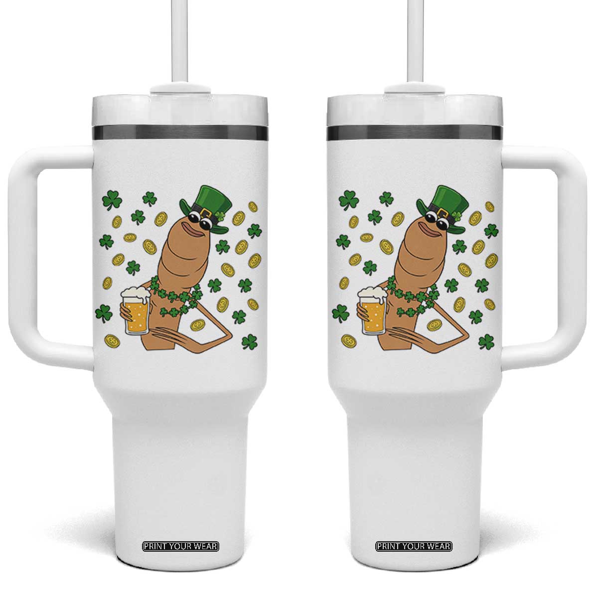 Marcus The Worm St Patricks Day Tumbler With Handle Funny Drinking Irish Beer Ireland TS14 One Size: 40 oz White Print Your Wear