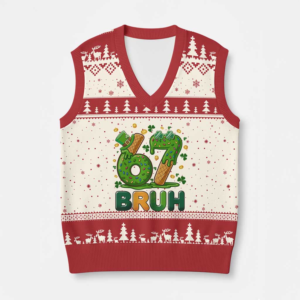 67 St Patricks Day V-Neck Knit Sweater Vest Funny Six Seven Bruh Meme TS14 Beige Red Print Your Wear