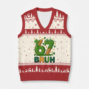 67 St Patricks Day V-Neck Knit Sweater Vest Funny Six Seven Bruh Meme TS14 Beige Red Print Your Wear