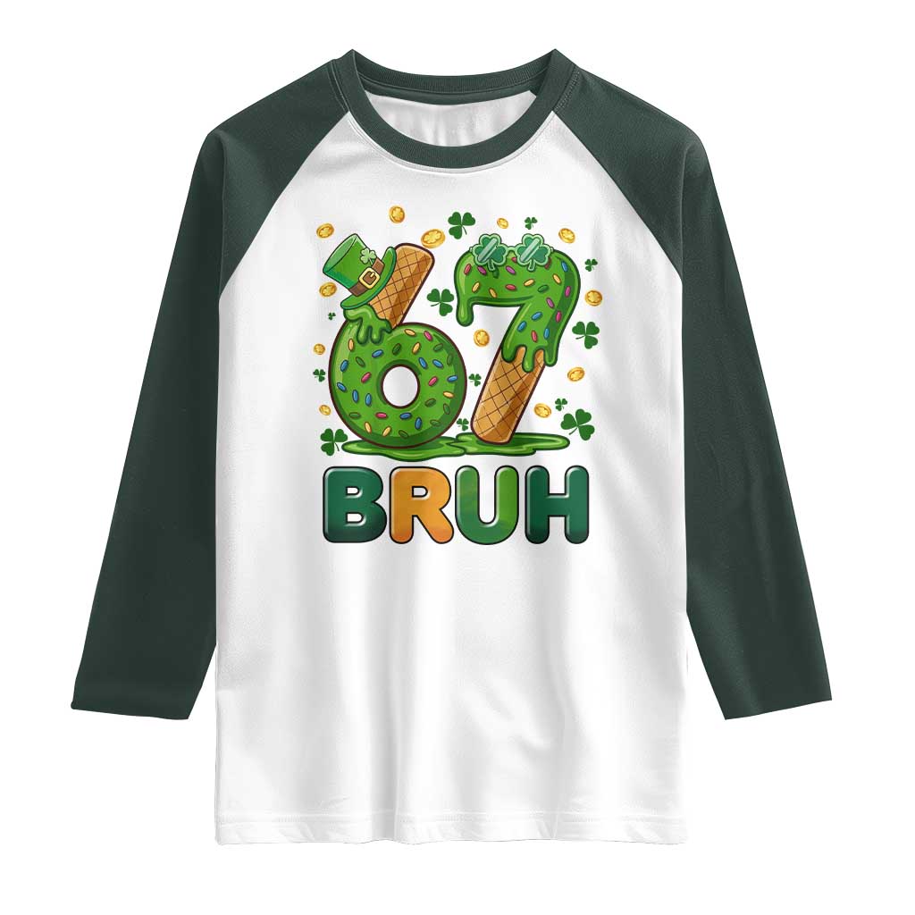 67 St Patricks Day Raglan Shirt Funny Six Seven Bruh Meme TS14 White Dark Forest Green Print Your Wear