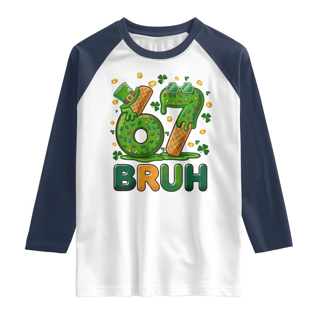 67 St Patricks Day Raglan Shirt Funny Six Seven Bruh Meme TS14 White Navy Print Your Wear