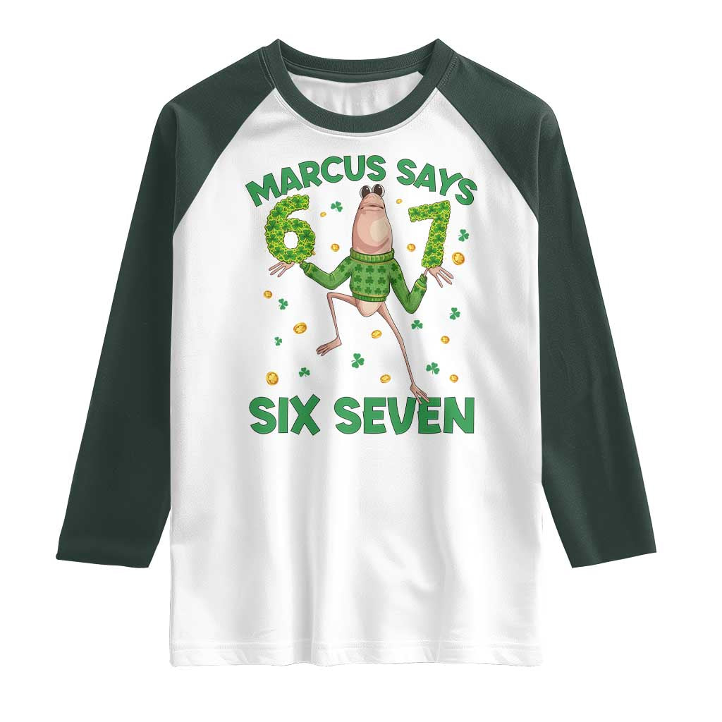 Marcus The Worm St Patricks Day Raglan Shirt Funny 67 Six Seven Hands Meme TS14 White Dark Forest Green Print Your Wear
