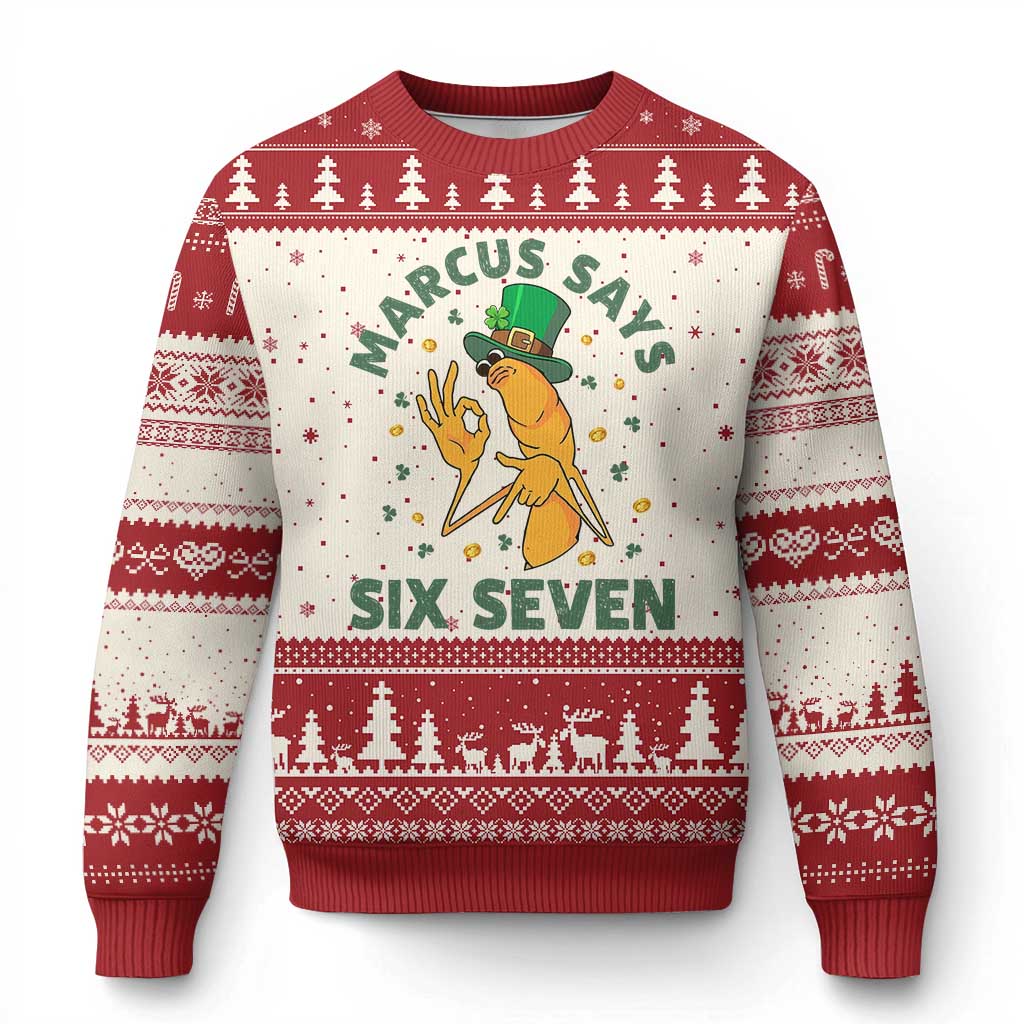 67 St Patricks Day Ugly Christmas Sweater Funny Marcus The Worm Say Six Seven Meme TS14 Beige Red Print Your Wear