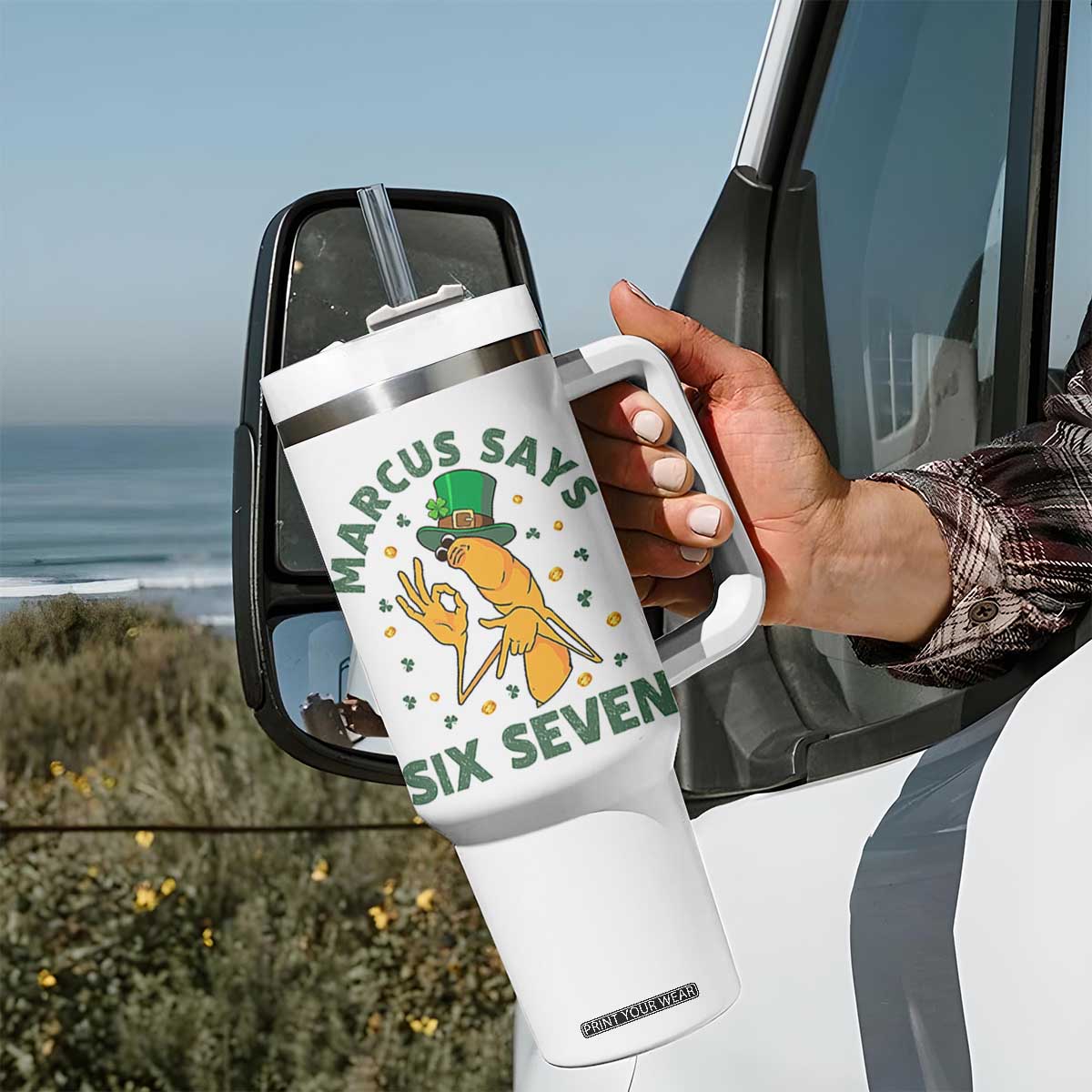 67 St Patricks Day Tumbler With Handle Funny Marcus The Worm Say Six Seven Meme TS14 Print Your Wear