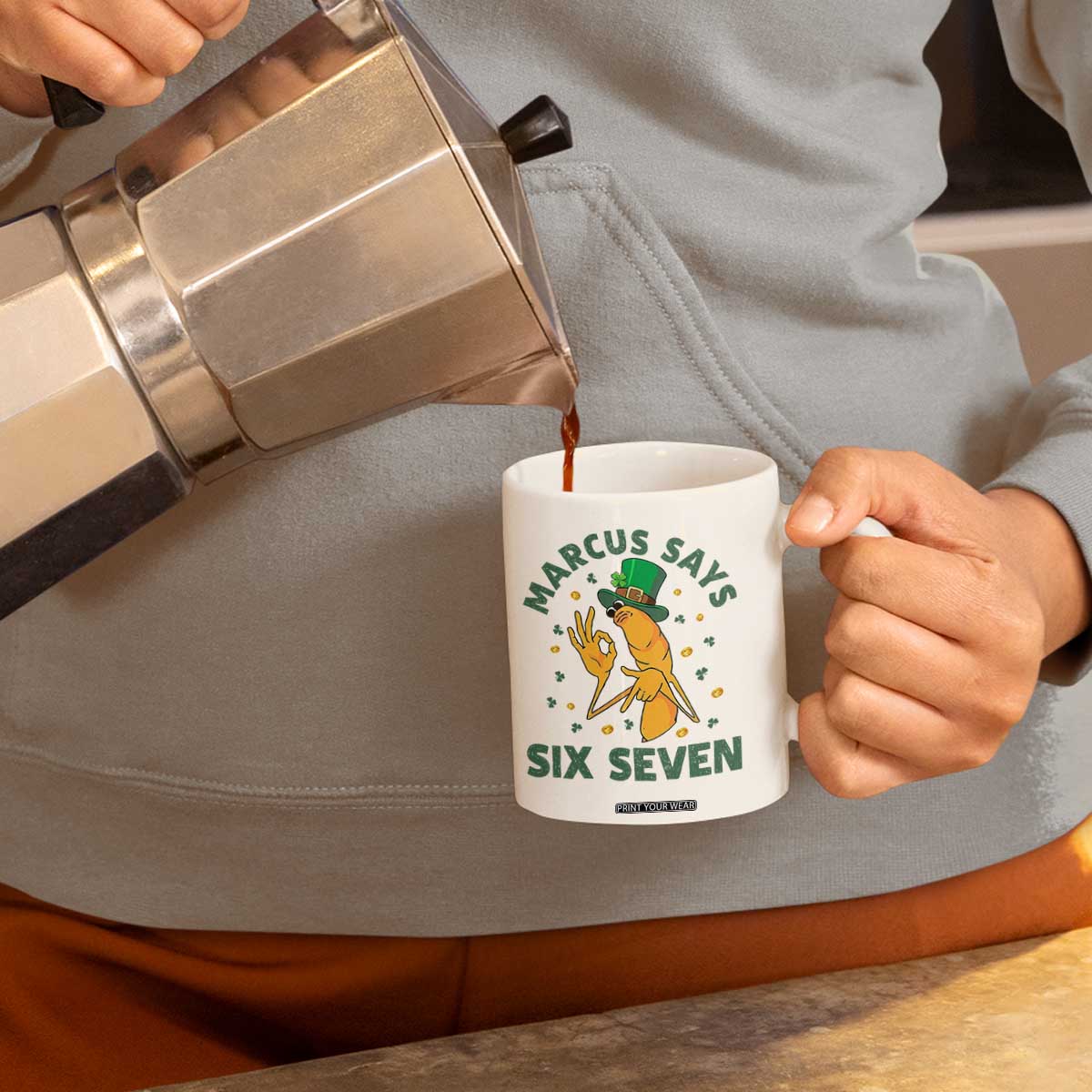 67 St Patricks Day Coffee Mug Funny Marcus The Worm Say Six Seven Meme TS14 Print Your Wear