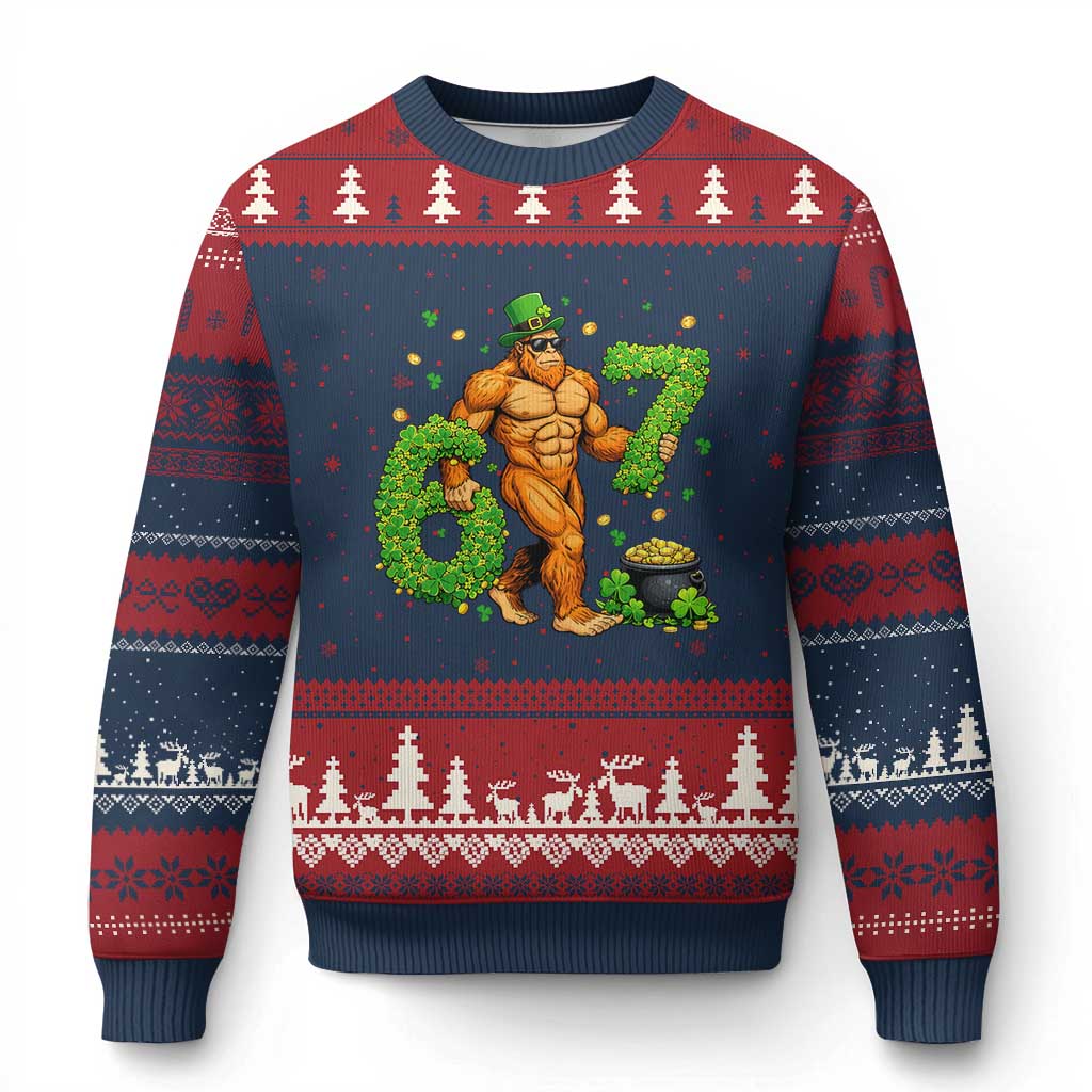 67 St Patricks Day Ugly Christmas Sweater Funny Bigfoot Six Seven Shamrock Party Meme TS14 Navy Red Print Your Wear