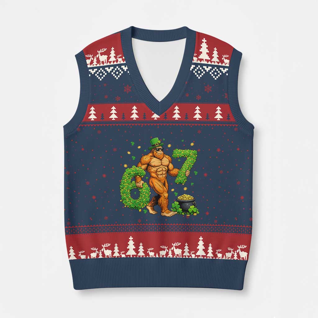 67 St Patricks Day V-Neck Knit Sweater Vest Funny Bigfoot Six Seven Shamrock Party Meme TS14 Navy Red Print Your Wear