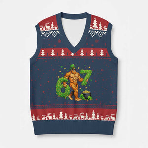 67 St Patricks Day V-Neck Knit Sweater Vest Funny Bigfoot Six Seven Shamrock Party Meme TS14 Navy Red Print Your Wear