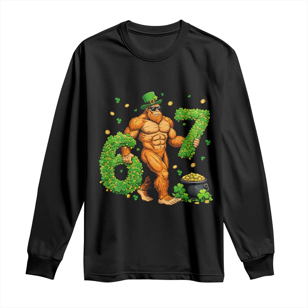 67 St Patricks Day Long Sleeve Shirt Funny Bigfoot Six Seven Shamrock Party Meme TS14 Black Print Your Wear