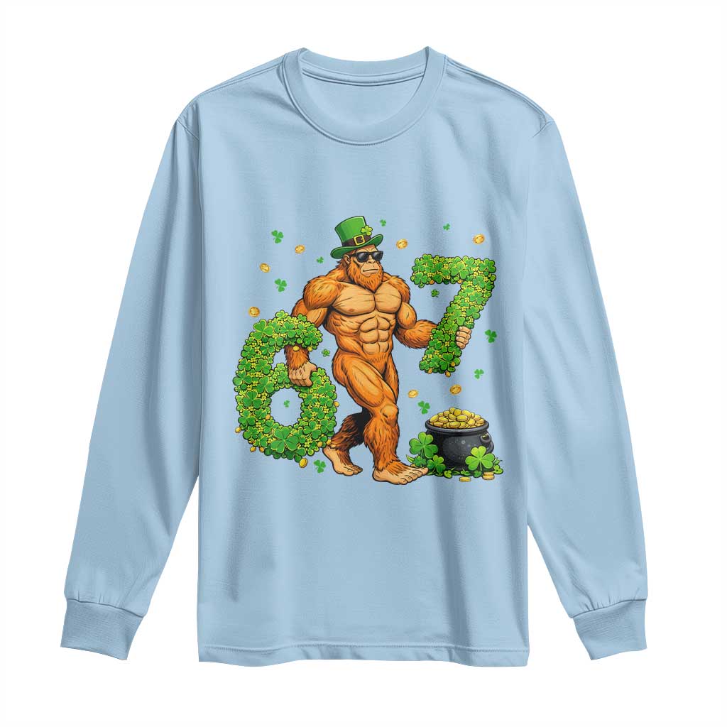 67 St Patricks Day Long Sleeve Shirt Funny Bigfoot Six Seven Shamrock Party Meme TS14 Light Blue Print Your Wear