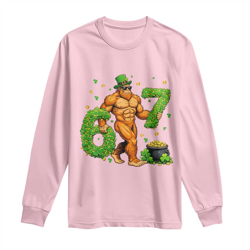 67 St Patricks Day Long Sleeve Shirt Funny Bigfoot Six Seven Shamrock Party Meme TS14 Light Pink Print Your Wear