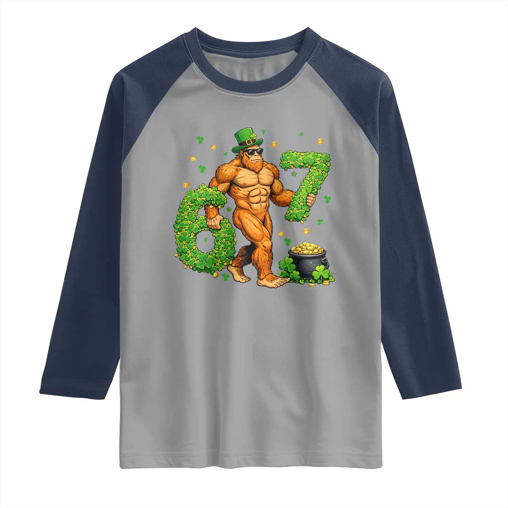 67 St Patricks Day Raglan Shirt Funny Bigfoot Six Seven Shamrock Party Meme TS14 Sport Gray Navy Print Your Wear