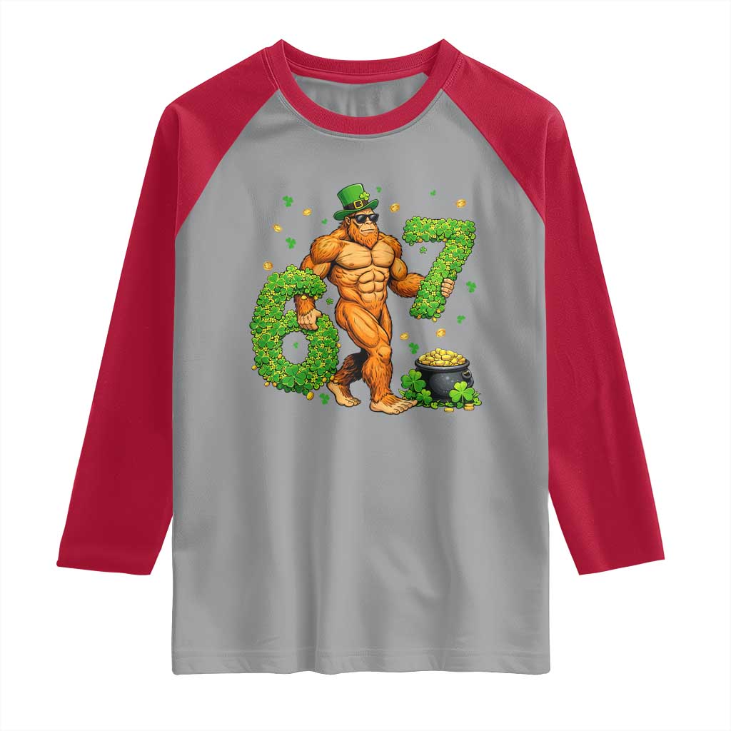 67 St Patricks Day Raglan Shirt Funny Bigfoot Six Seven Shamrock Party Meme TS14 Sport Gray Red Print Your Wear