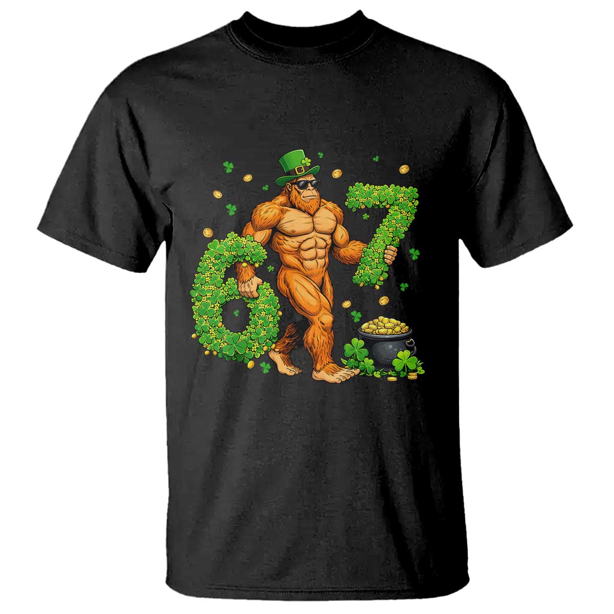 67 St Patricks Day T Shirt - Funny Bigfoot Six Seven Shamrock Party Meme Tee TS14 Black Print Your Wear