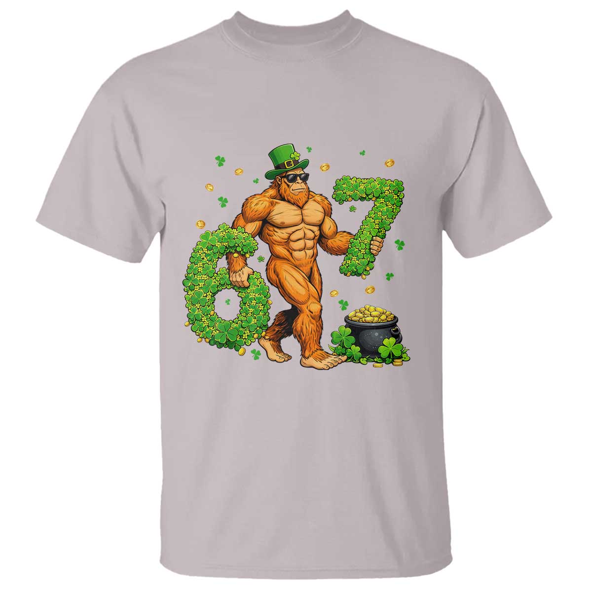 67 St Patricks Day T Shirt - Funny Bigfoot Six Seven Shamrock Party Meme Tee TS14 Ice Gray Print Your Wear