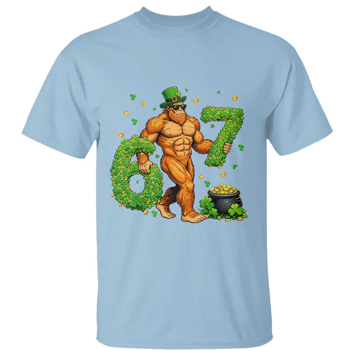 67 St Patricks Day T Shirt - Funny Bigfoot Six Seven Shamrock Party Meme Tee TS14 Light Blue Print Your Wear
