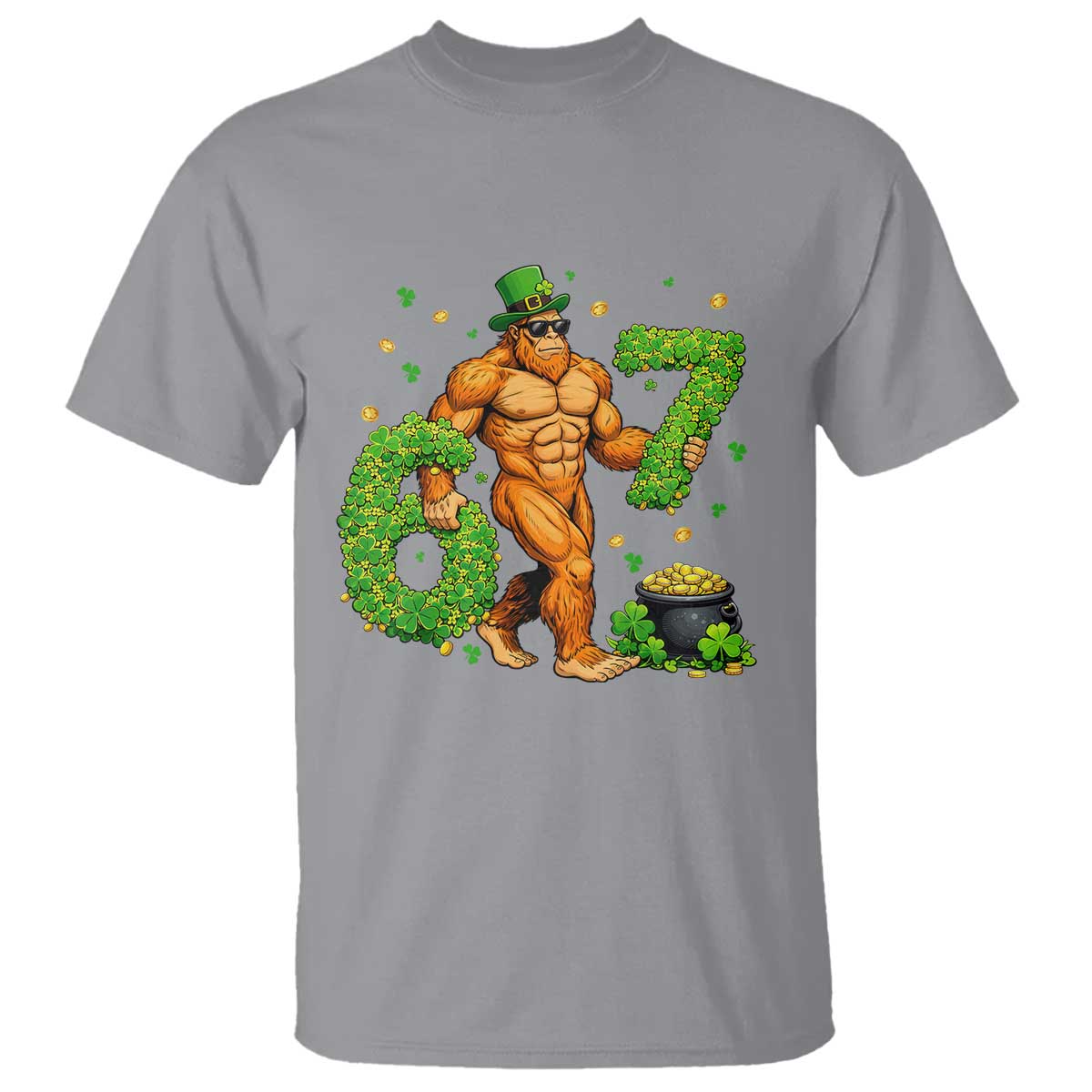 67 St Patricks Day T Shirt - Funny Bigfoot Six Seven Shamrock Party Meme Tee TS14 Sport Gray Print Your Wear
