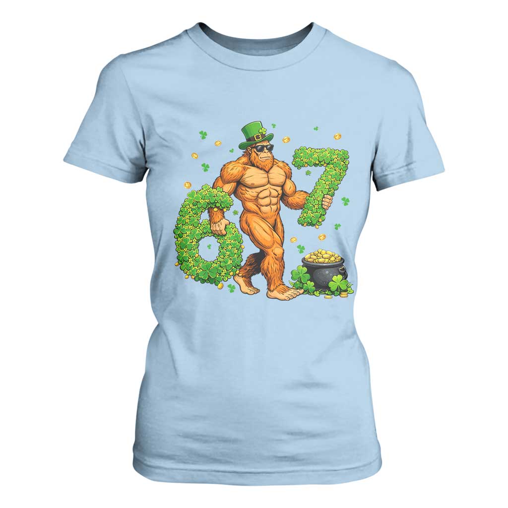 67 St Patricks Day T Shirt For Women Funny Bigfoot Six Seven Shamrock Party Meme TS14 Light Blue Print Your Wear