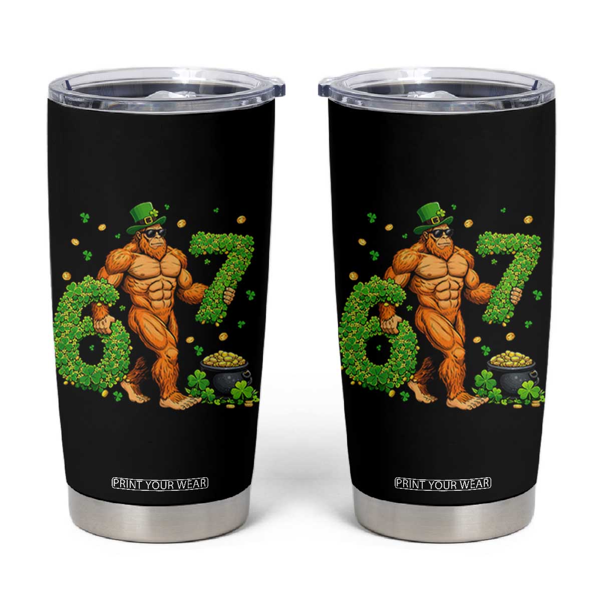 67 St Patricks Day Tumbler Cup Funny Bigfoot Six Seven Shamrock Party Meme TS14 Black Print Your Wear