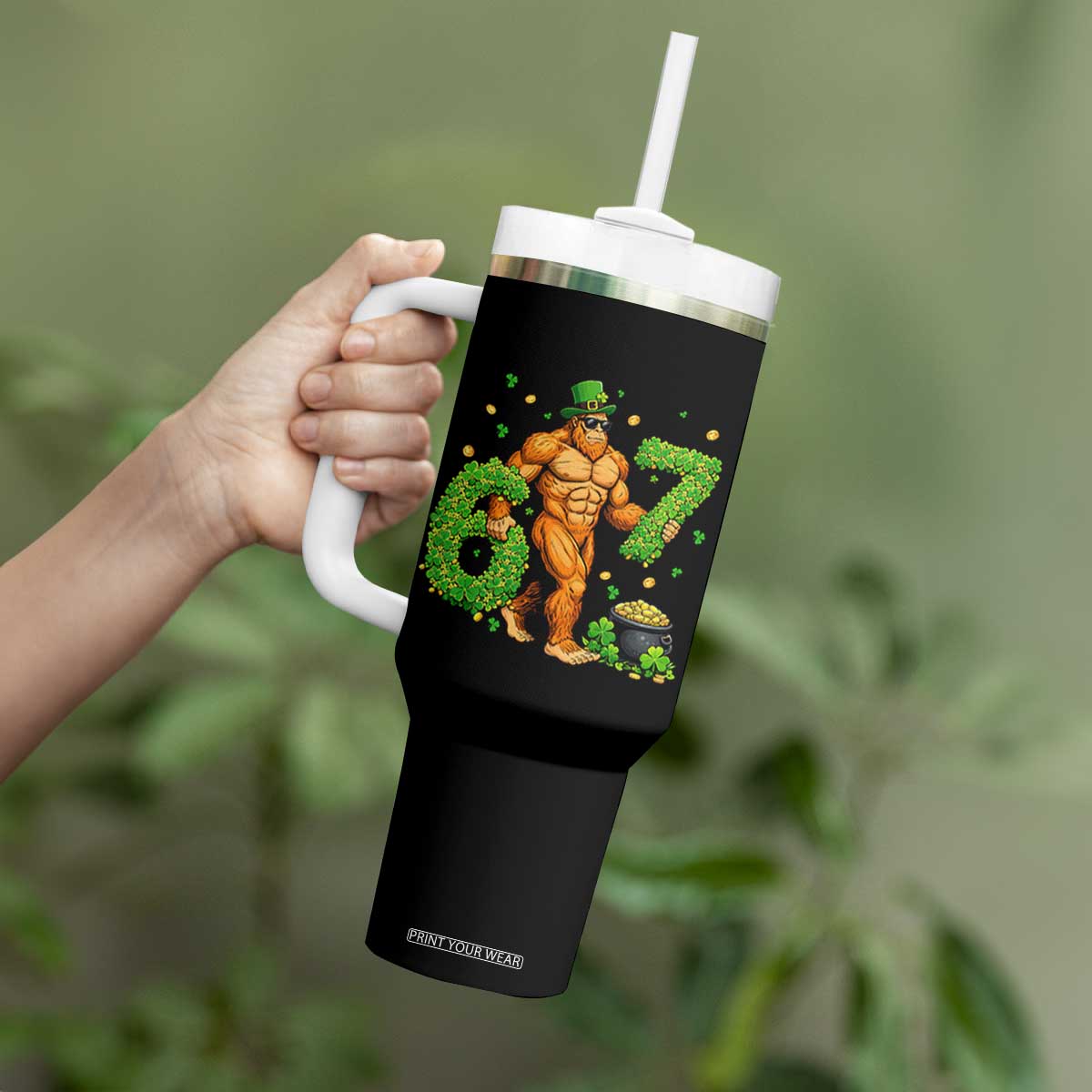 67 St Patricks Day Tumbler With Handle Funny Bigfoot Six Seven Shamrock Party Meme TS14 Print Your Wear