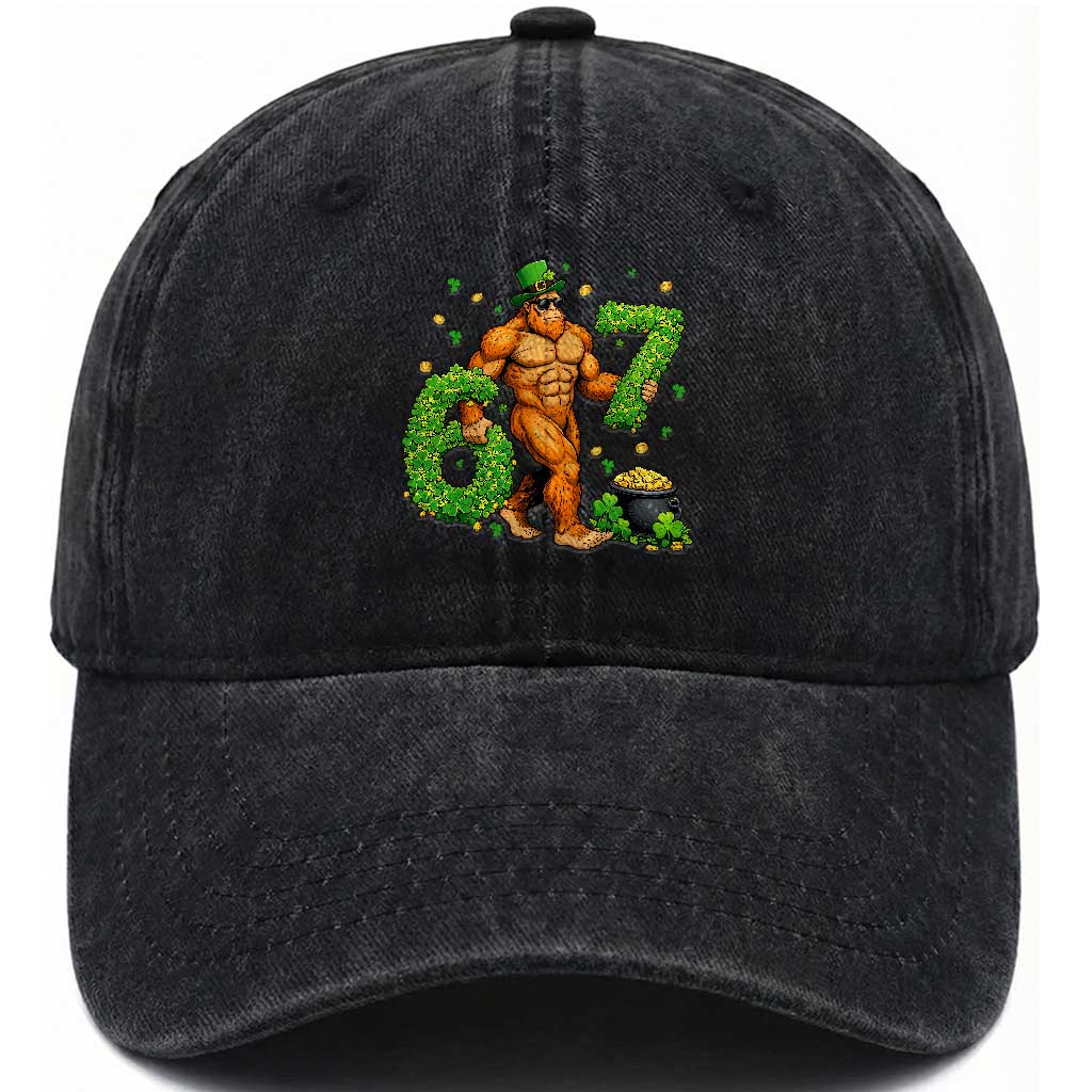 67 St Patricks Day Washed Cotton Baseball Cap Funny Bigfoot Six Seven Shamrock Party Meme TS14 Washed Cap Universal Fit Black Print Your Wear