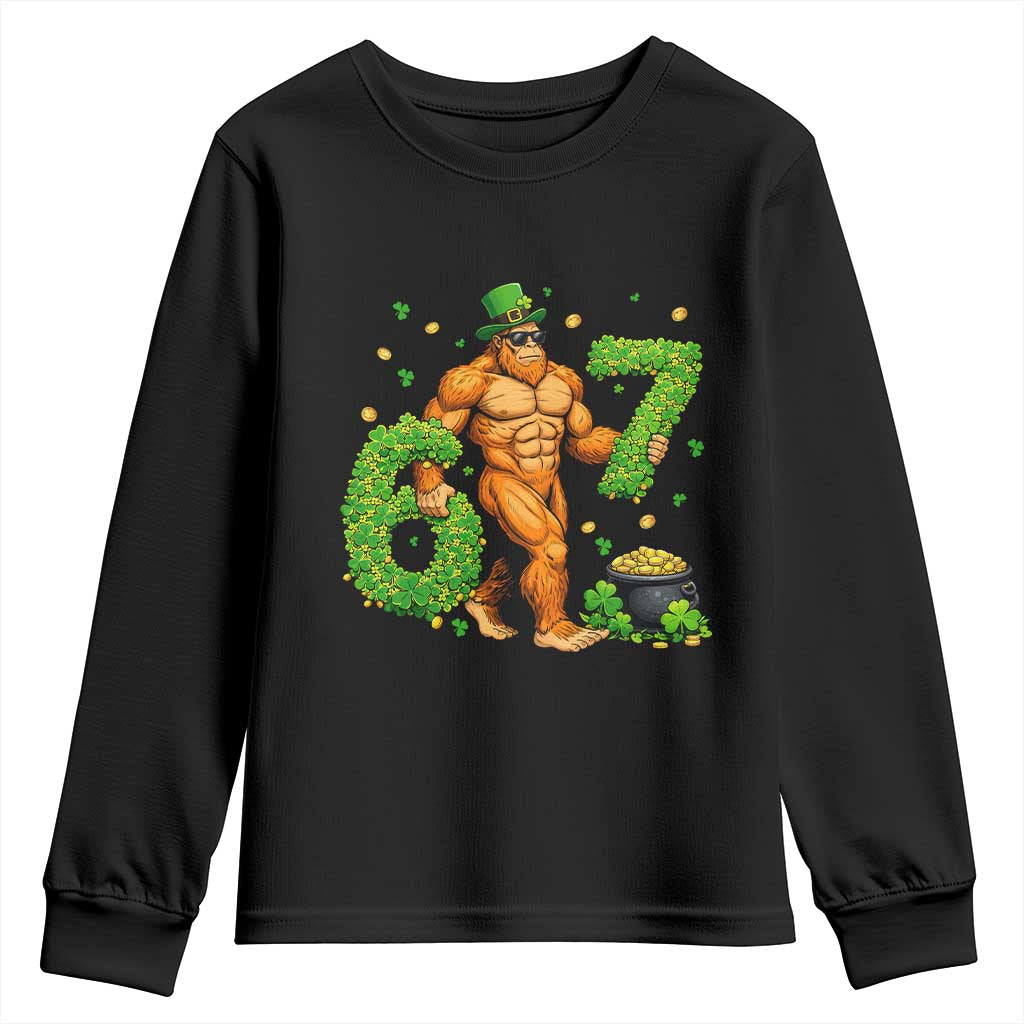67 St Patricks Day Youth Sweatshirt Funny Bigfoot Six Seven Shamrock Party Meme TS14 Black Print Your Wear