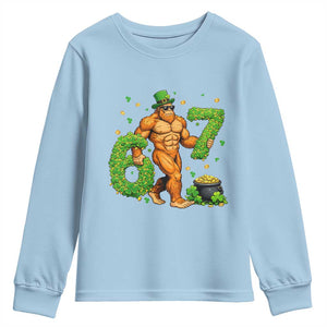 67 St Patricks Day Youth Sweatshirt Funny Bigfoot Six Seven Shamrock Party Meme TS14 Light Blue Print Your Wear