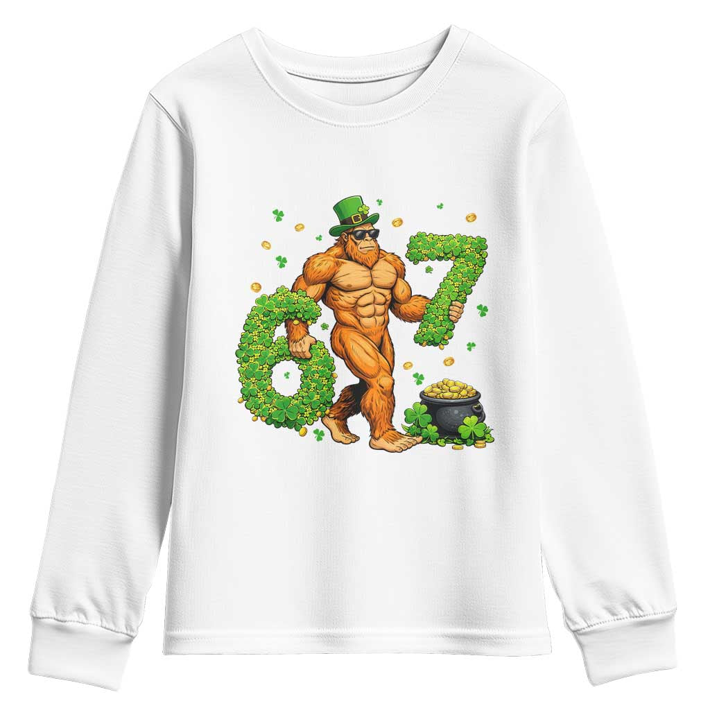 67 St Patricks Day Youth Sweatshirt Funny Bigfoot Six Seven Shamrock Party Meme TS14 White Print Your Wear