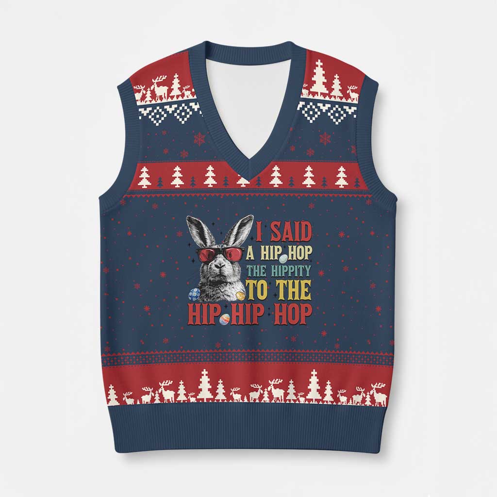 I Said A Hip Hop The Hippity To The Hip Hip Hop V-Neck Knit Sweater Vest Funny Easter Bunny Rapper Sunglasses TS14 Navy Red Print Your Wear