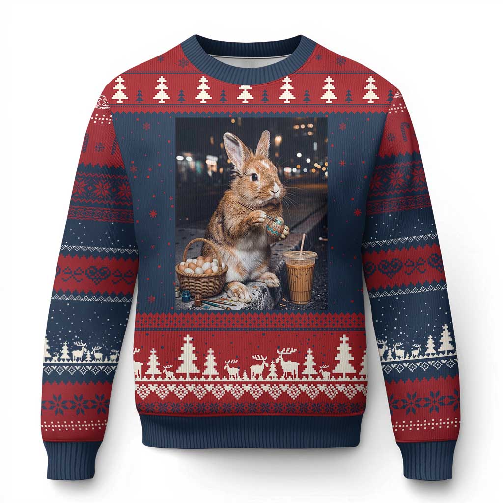 Easter Bunny Iced Coffee Ugly Christmas Sweater Funny Rabbit Egg Painting TS14 Navy Red Print Your Wear