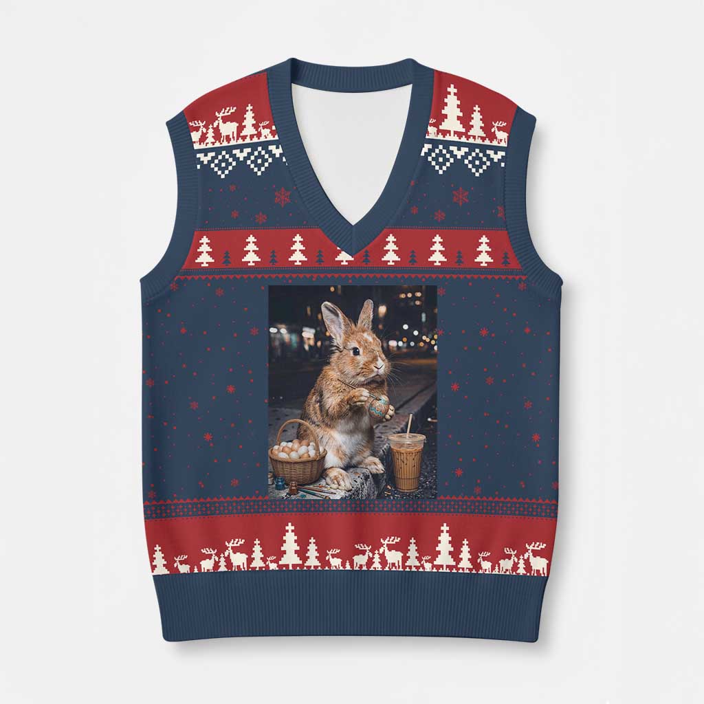 Easter Bunny Iced Coffee V-Neck Knit Sweater Vest Funny Rabbit Egg Painting TS14 Navy Red Print Your Wear