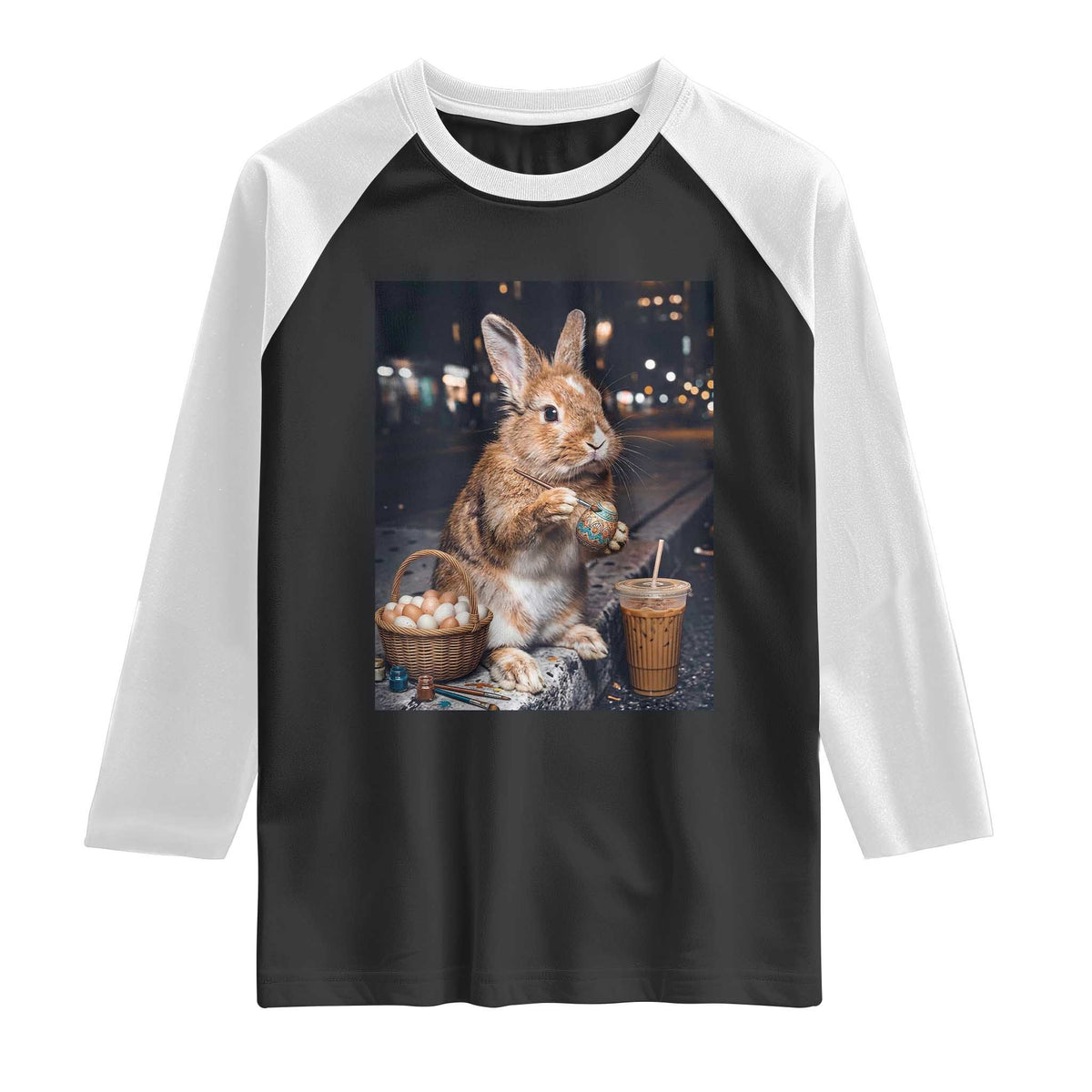 Easter Bunny Iced Coffee Raglan Shirt Funny Rabbit Egg Painting TS14 Black White Print Your Wear