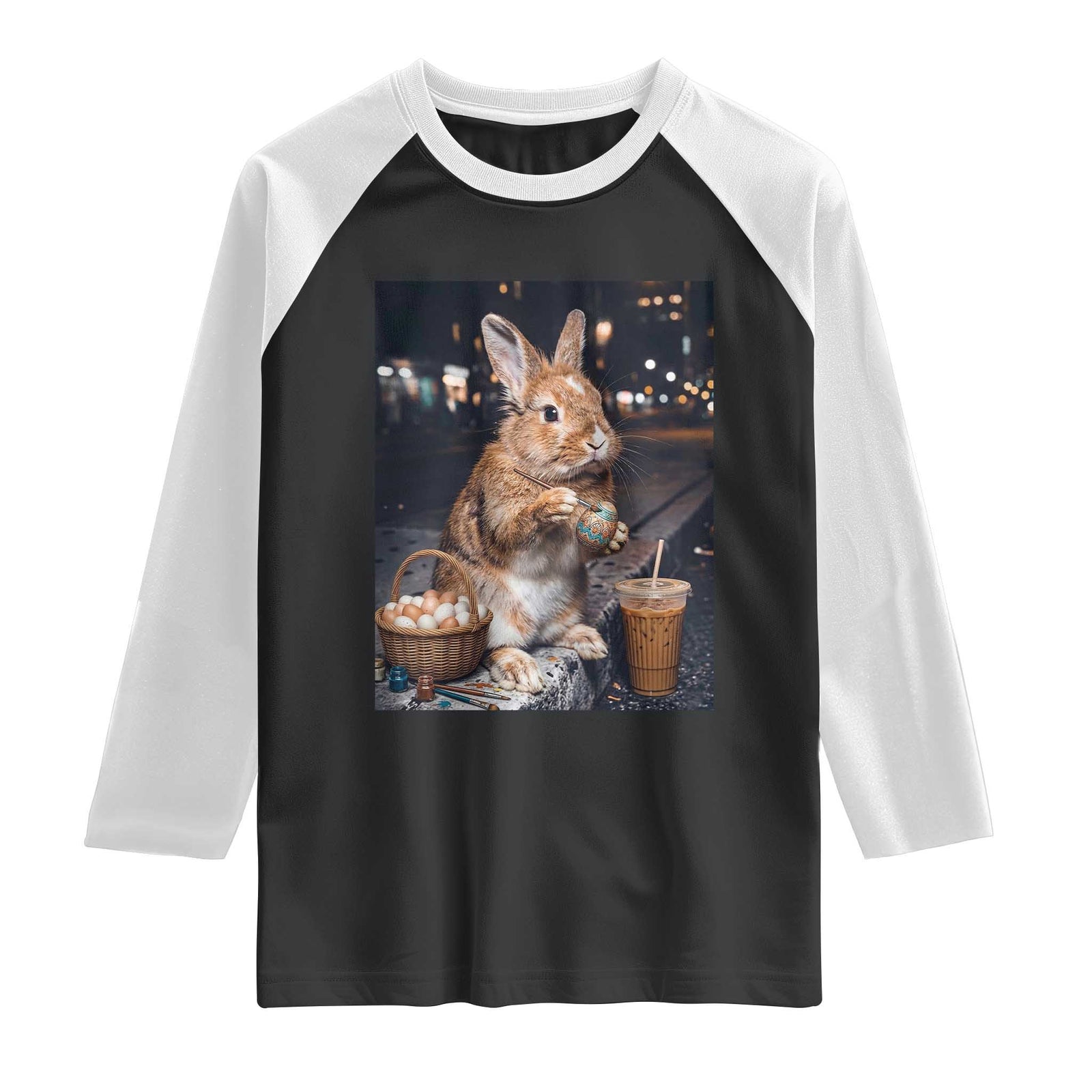 Easter Bunny Iced Coffee Raglan Shirt Funny Rabbit Egg Painting TS14 Black White Print Your Wear