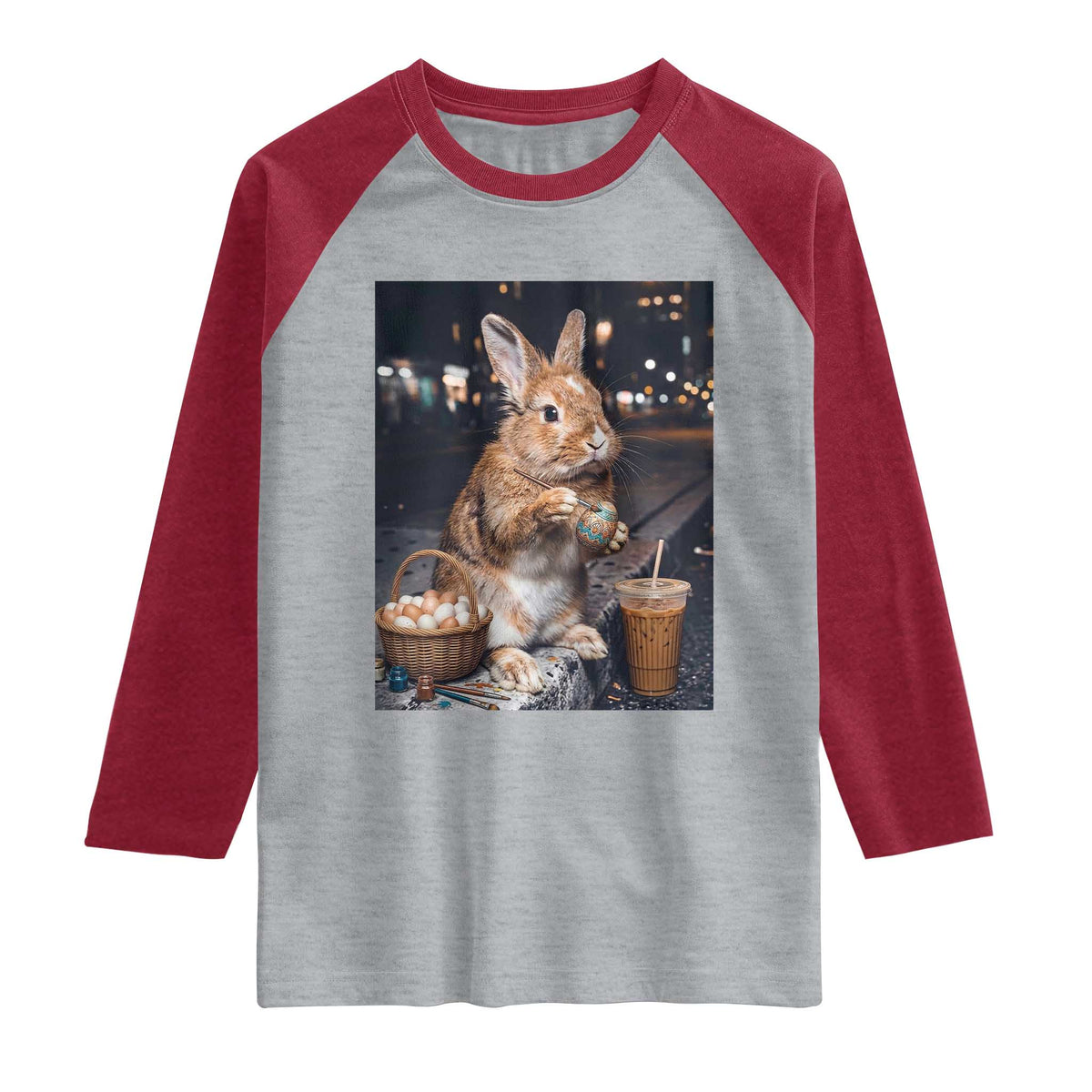 Easter Bunny Iced Coffee Raglan Shirt Funny Rabbit Egg Painting TS14 Heather Gray Heather Red Print Your Wear