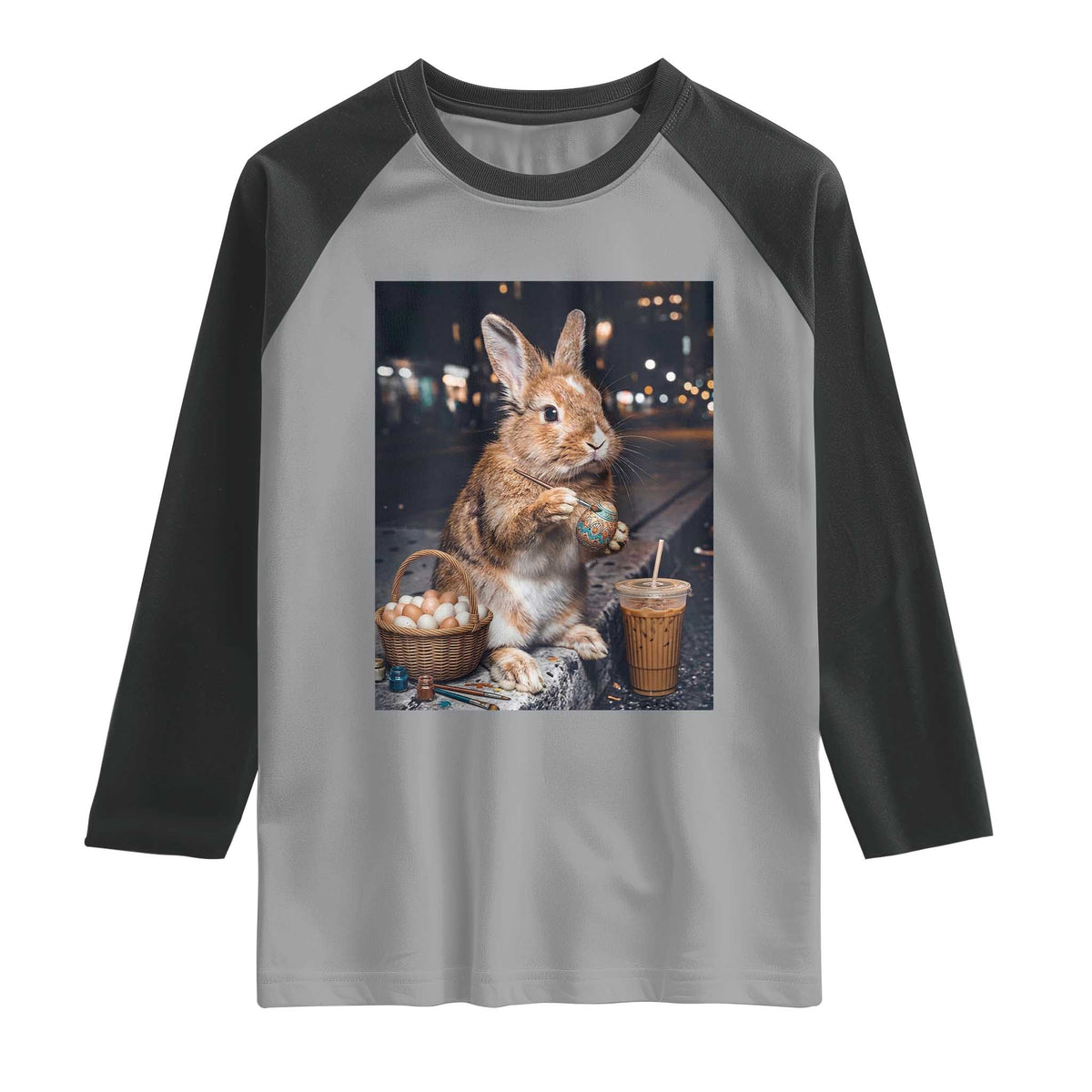 Easter Bunny Iced Coffee Raglan Shirt Funny Rabbit Egg Painting TS14 Sport Gray Black Print Your Wear