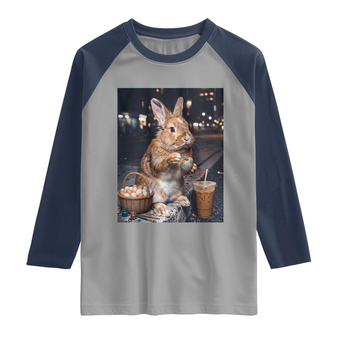 Easter Bunny Iced Coffee Raglan Shirt Funny Rabbit Egg Painting TS14 Sport Gray Navy Print Your Wear