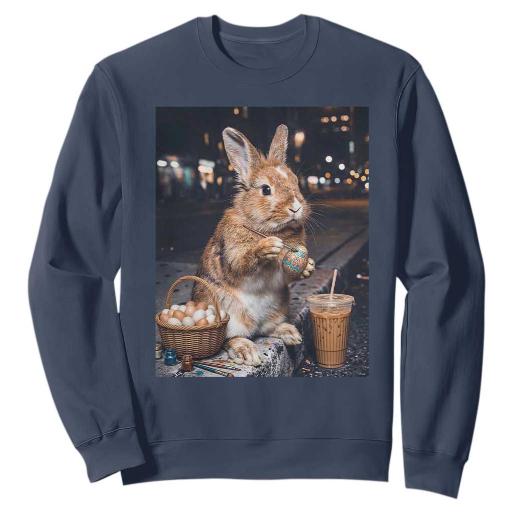 Easter Bunny Iced Coffee Sweatshirt Funny Rabbit Egg Painting TS14 Navy Print Your Wear