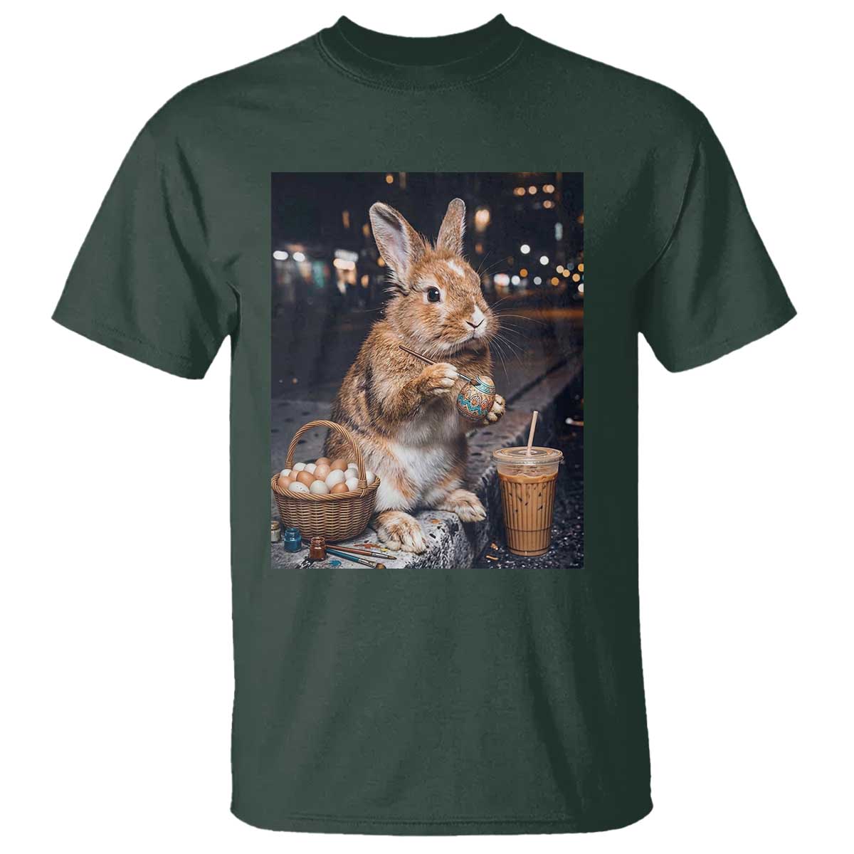 Easter Bunny Iced Coffee T Shirt Funny Rabbit Egg Painting TS14 Dark Forest Green Print Your Wear