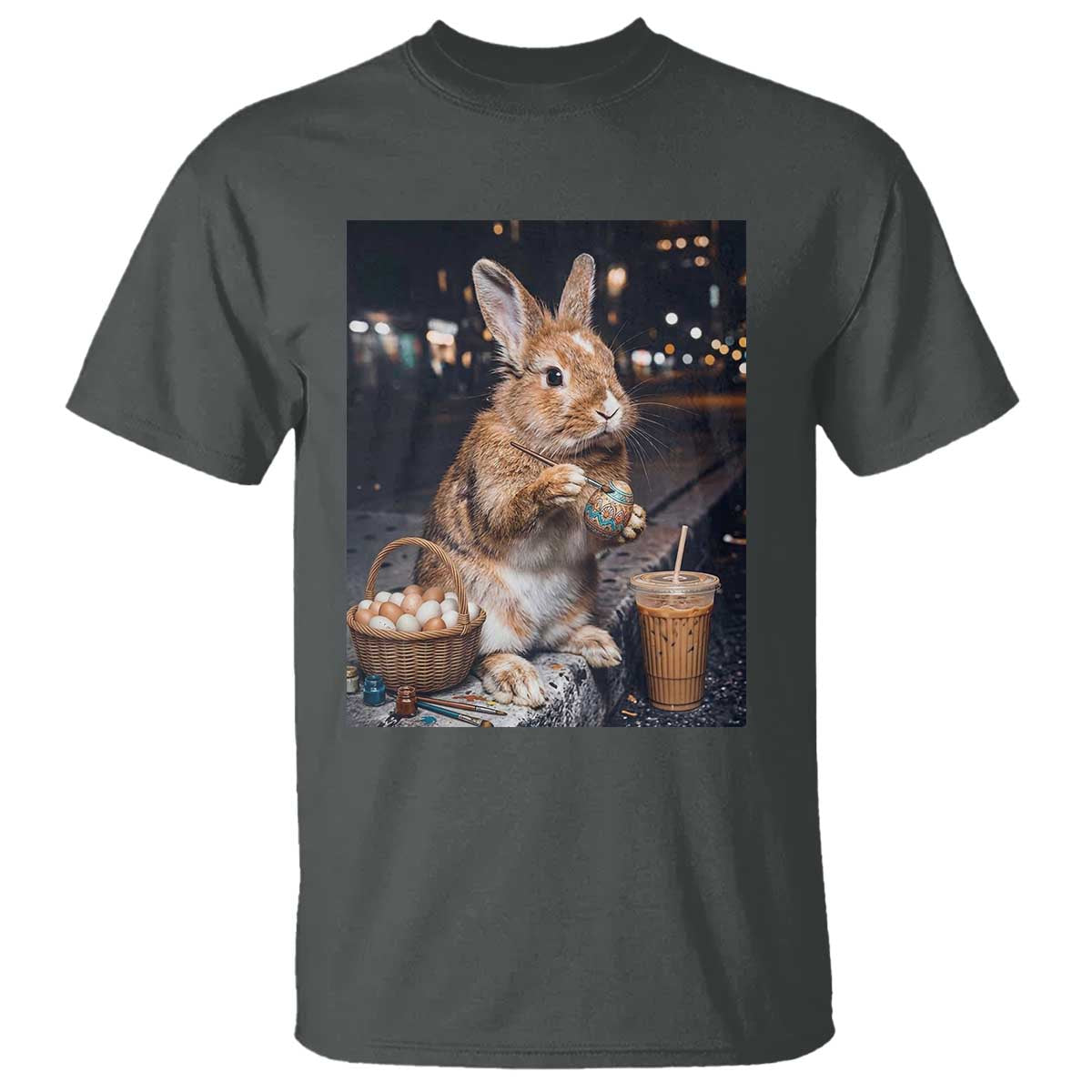 Easter Bunny Iced Coffee T Shirt Funny Rabbit Egg Painting TS14 Dark Heather Print Your Wear