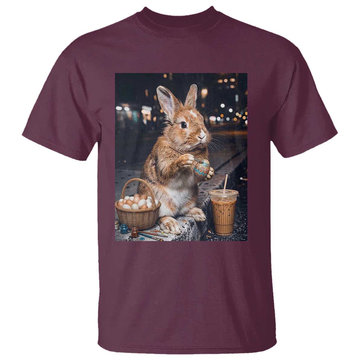 Easter Bunny Iced Coffee T Shirt Funny Rabbit Egg Painting TS14 Maroon Print Your Wear