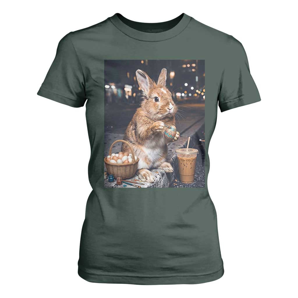 Easter Bunny Iced Coffee T Shirt For Women Funny Rabbit Egg Painting TS14 Dark Forest Green Print Your Wear