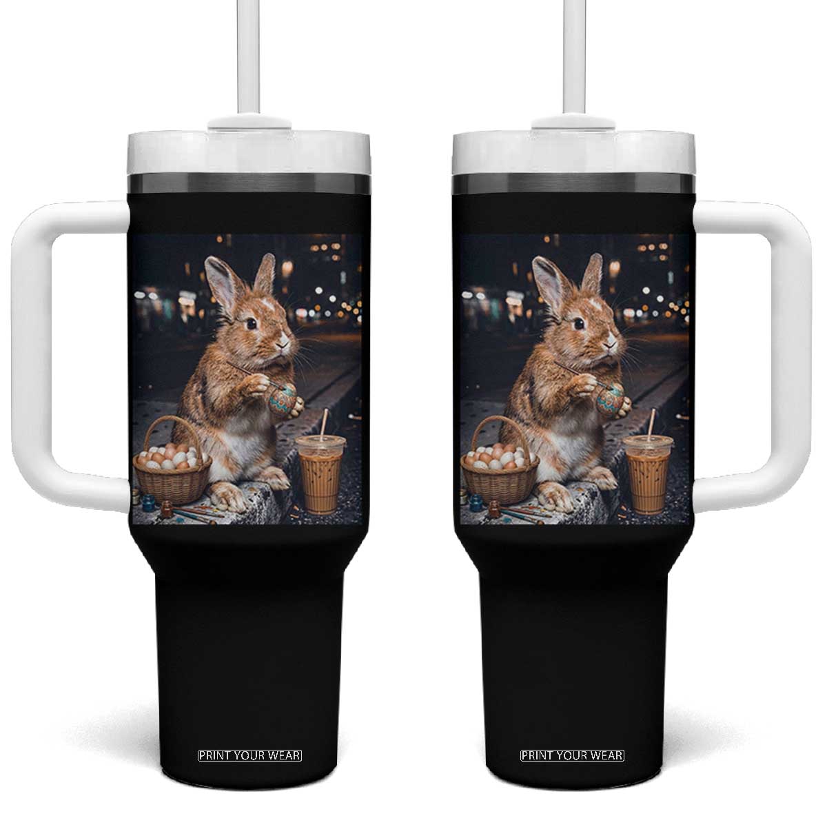 Easter Bunny Iced Coffee Tumbler With Handle Funny Rabbit Egg Painting TS14 One Size: 40 oz Black Print Your Wear