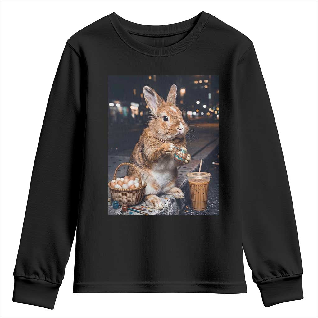 Easter Bunny Iced Coffee Youth Sweatshirt Funny Rabbit Egg Painting TS14 Black Print Your Wear
